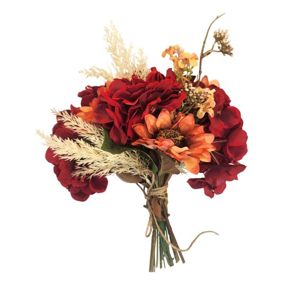 Artificial Fall Floral Bouquet Burgundy Hydrangeas & Orange Sunflowers | Rustic - Picture 1 of 15